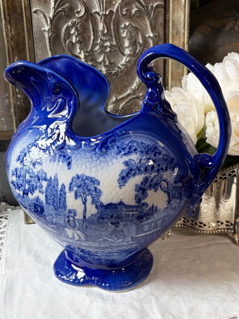 Antique Staffordshire blue white Victorian pitcher French country decor